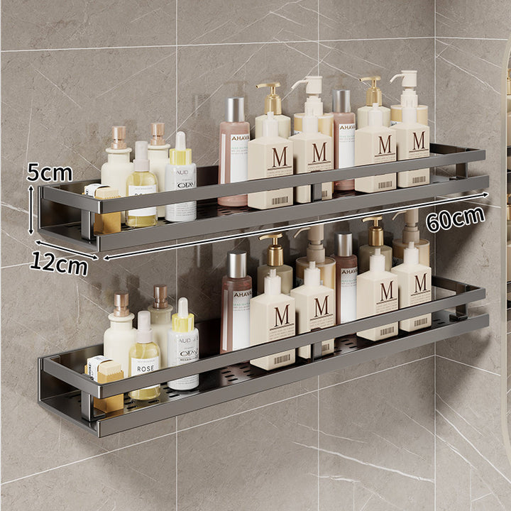 Compact Wall-Mounted Bathroom Shelf with Integrated Towel Rail and Multi-Hook Metal Organizer
