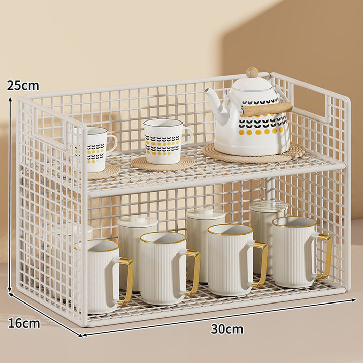 Three-Tier Wire Grid Countertop Display Shelf with Faux-Wood Removable Trays