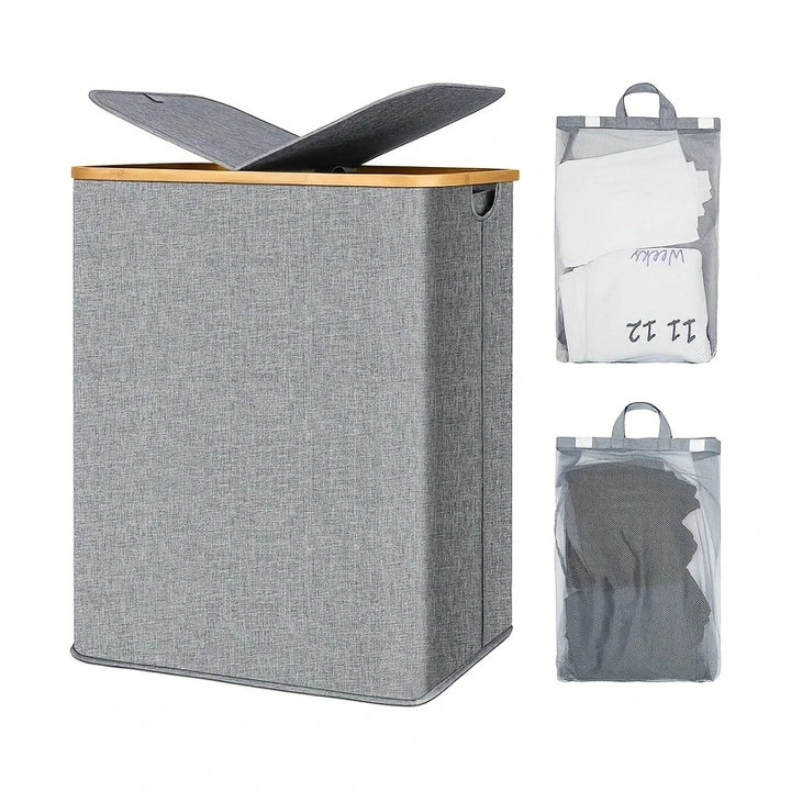 Robust laundry container with practical lid and inner pocket