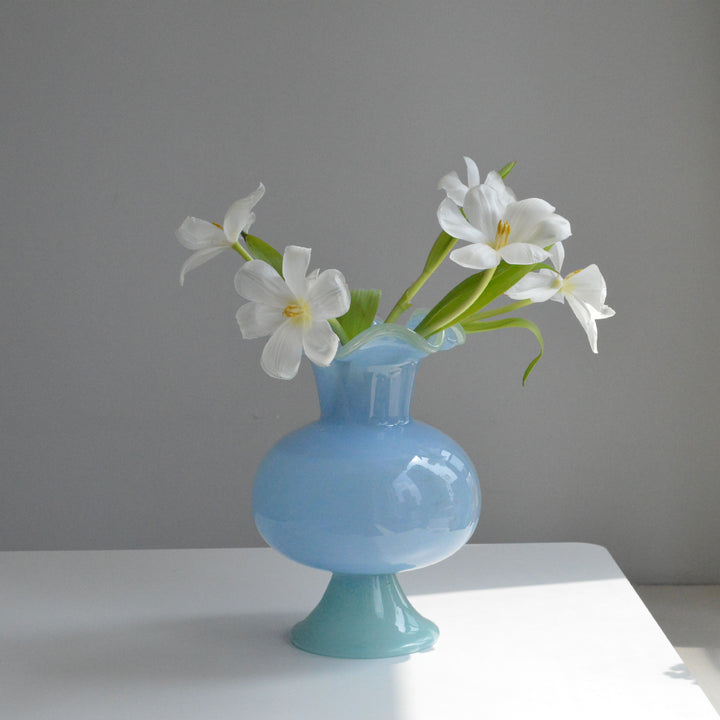 Artisanal Hand-Blown Rippled Pedestal Glass Centerpiece Vase