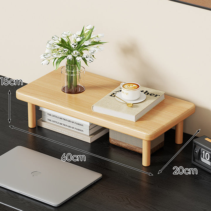 Compact Solid Wood Elevated Desk Display Stand with Under-Shelf Storage and Rounded Leg Design