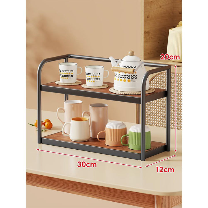 Two-Tier Compact Countertop Kitchen and Tea Station Shelf with Wood-Effect Trays