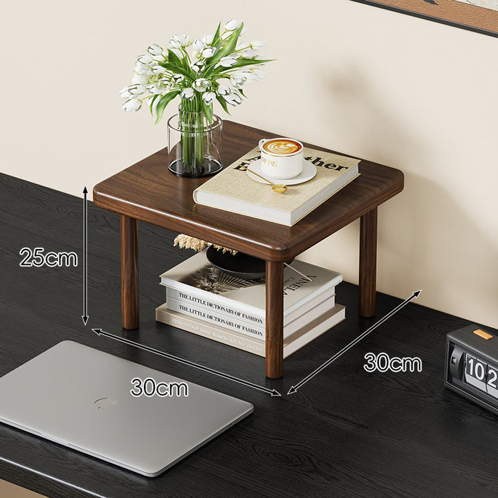 Compact Solid Wood Elevated Desk Display Stand with Under-Shelf Storage and Rounded Leg Design