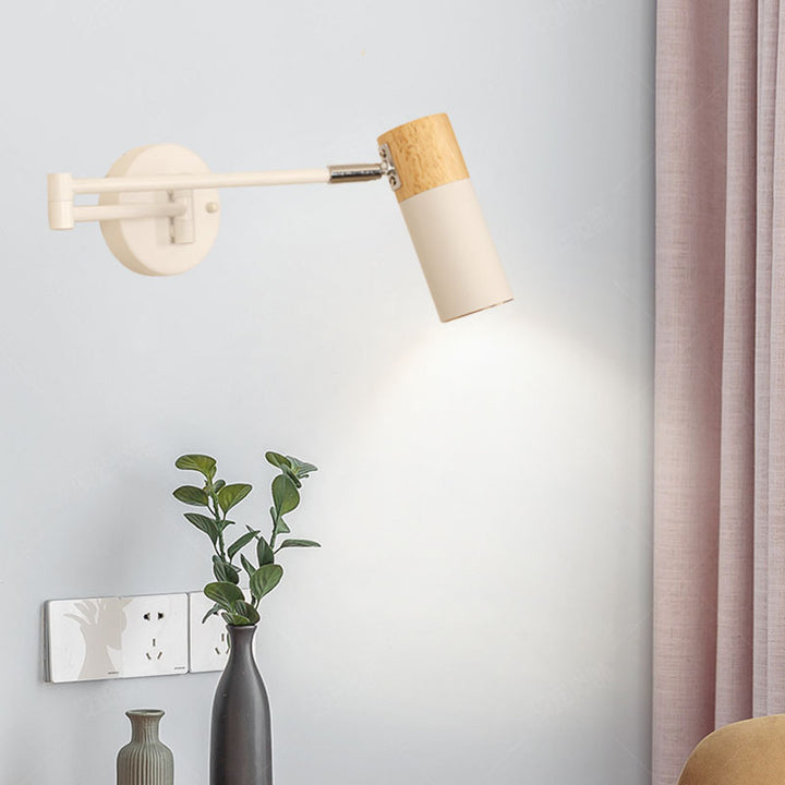 Adjustable swivel arm wall spotlight with wood accent