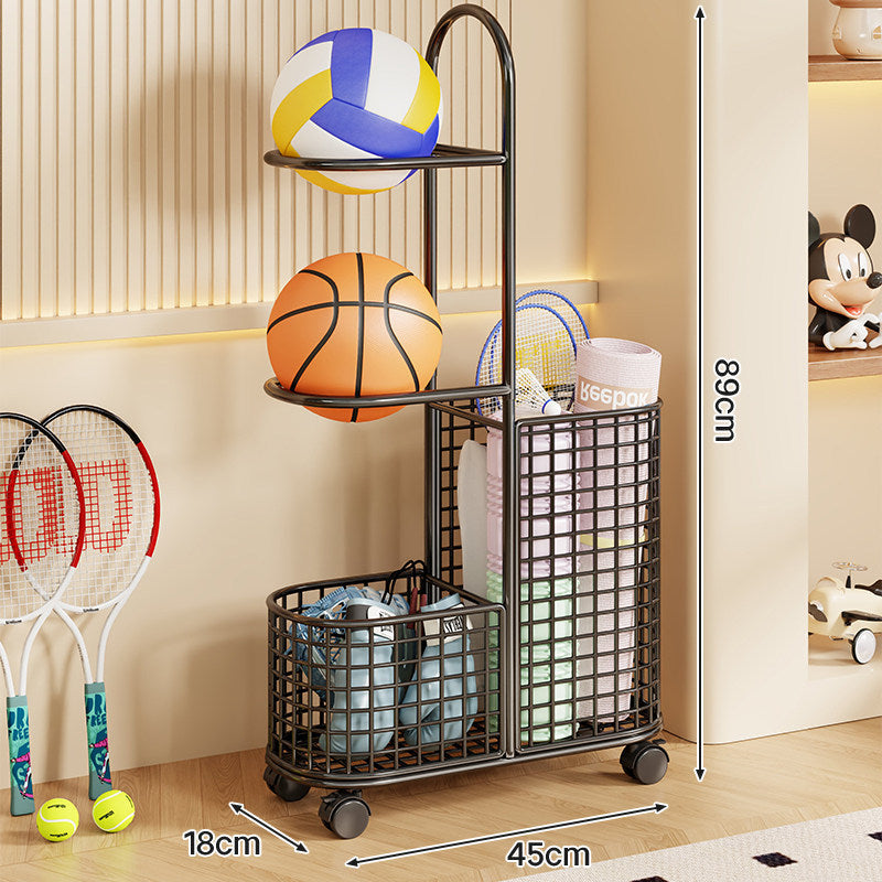 Rolling Sports Equipment Organizer Cart with Ball Cradles and Mesh Storage Baskets