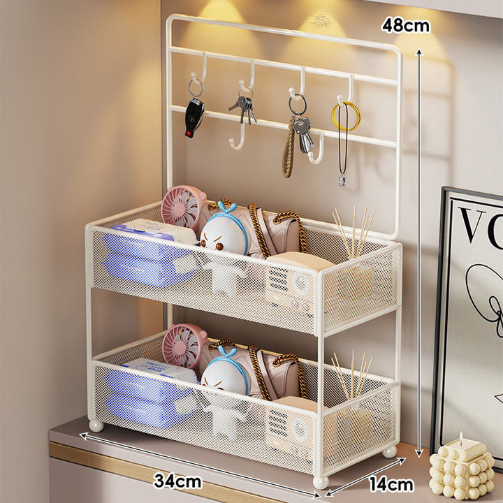 Mesh Two-Tier Entryway Organizer with Key Hooks and Deep Mesh Baskets