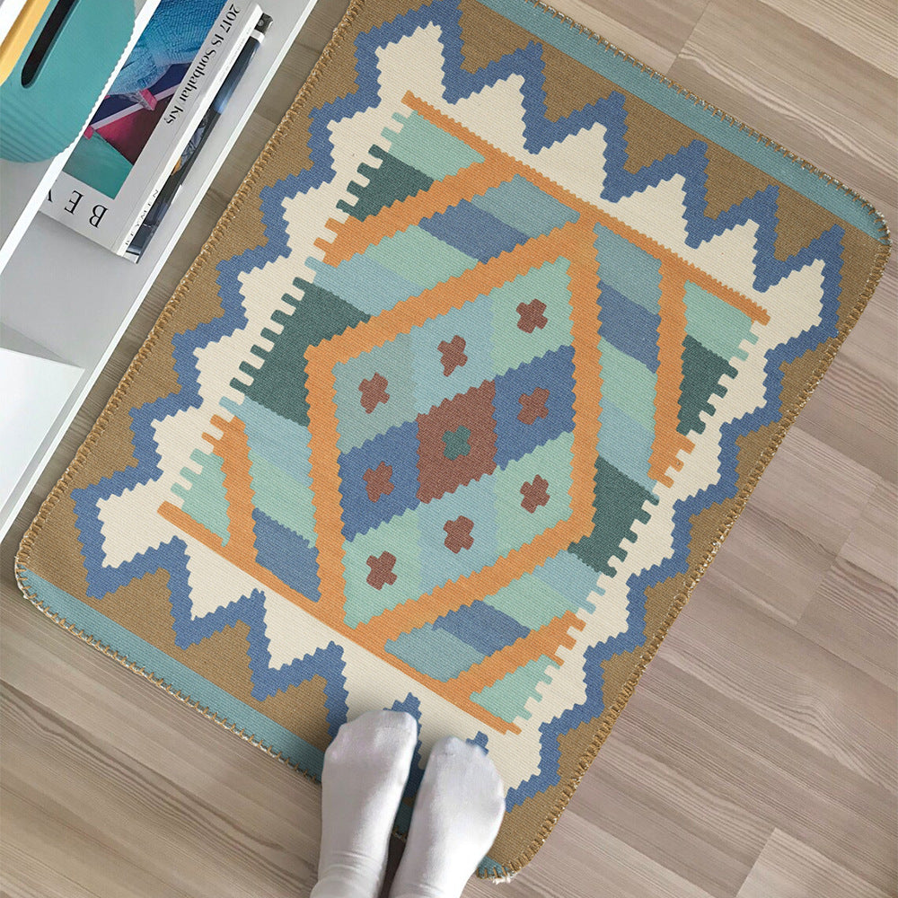 Woven runner rug in ethnic kilim pattern with flat weave structure and non-slip backing