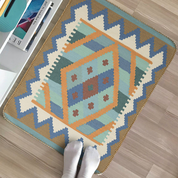 Woven runner rug in ethnic kilim pattern with flat weave structure and non-slip backing