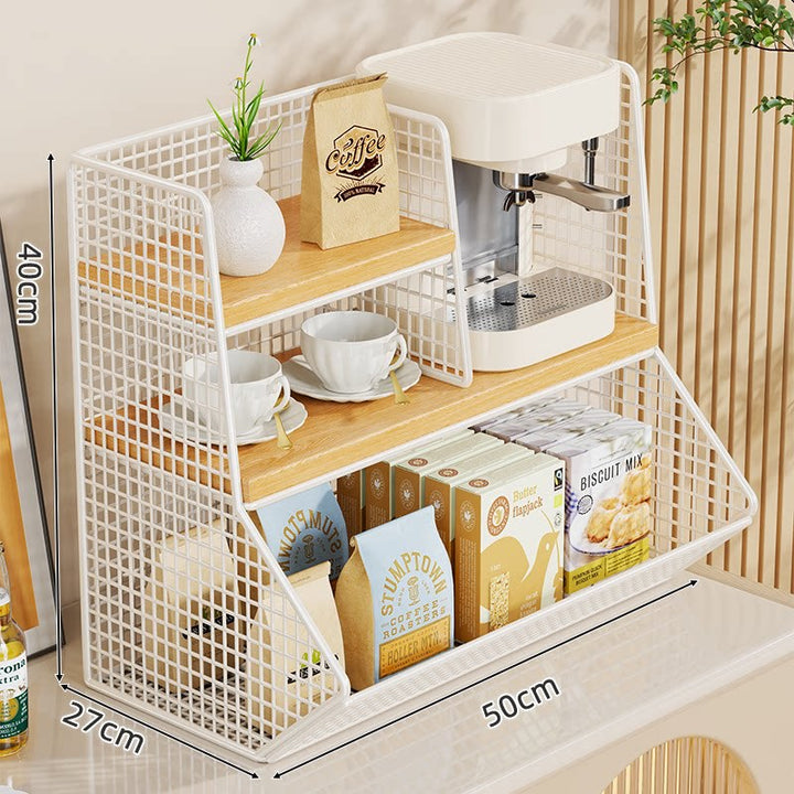 Kitchen Countertop Multi-Tier Wire Mesh Storage Organizer with Wooden Display Shelves