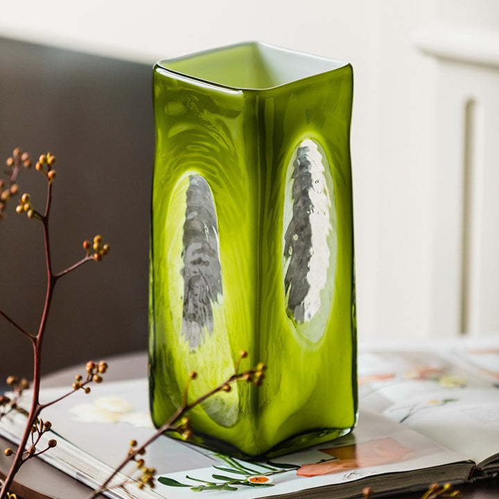 Rectangular Hand-Blown Decorative Glass Vase with Windowed Crystal Inset