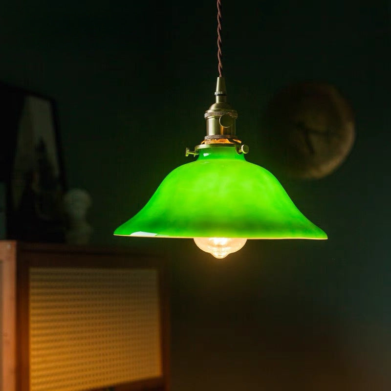 Banker-Style Glass Pendant Light with Brass Socket and Twisted Fabric Cord