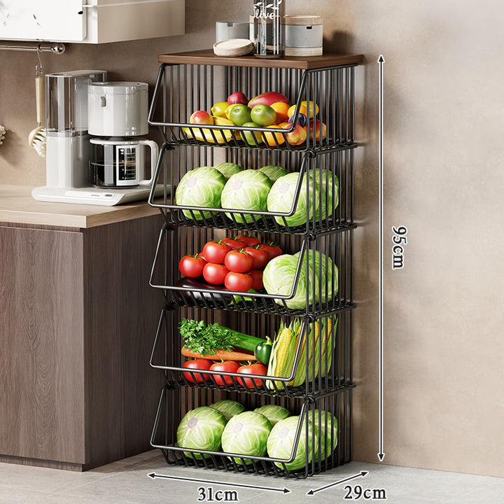 Multi-Tier Rolling Kitchen Fruit and Vegetable Storage Cart with Wood Top