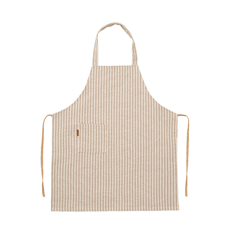 Linen-cotton blend kitchen apron with striped pattern and front pocket