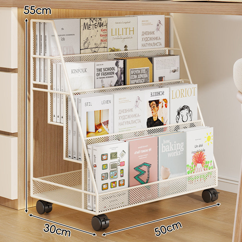 Angled Mesh Rolling Book and Magazine Display Rack with Slanted Shelves and Swivel Casters