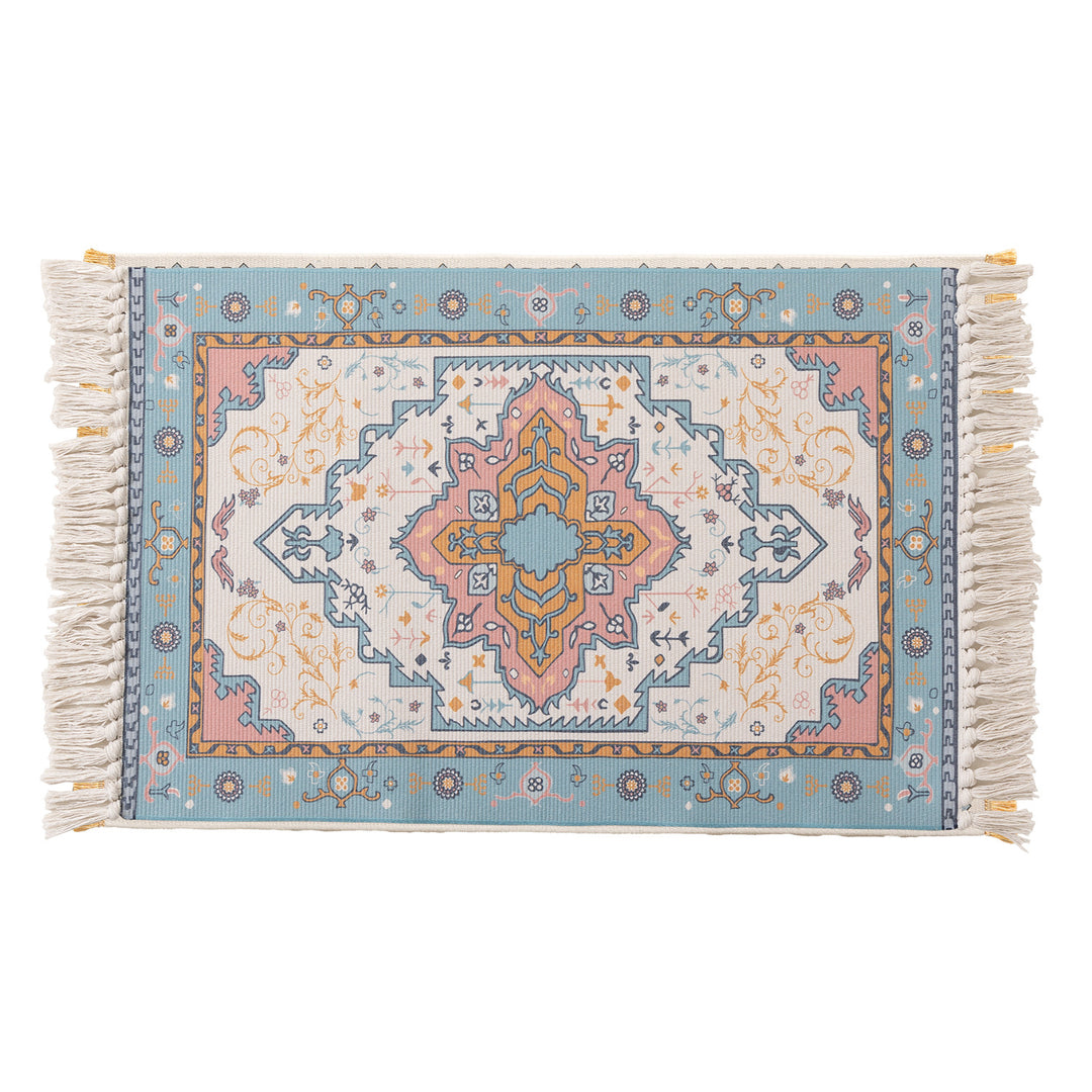 Woven oriental carpet runner with fringes and intricate medallion pattern