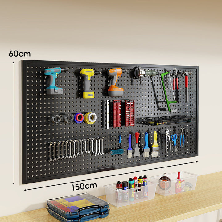 Wall-Mounted Perforated Metal Tool Pegboard Organizer Panel with Modular Hooks and Wire Baskets