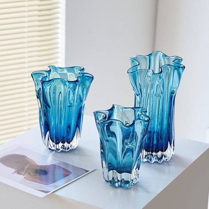 Tall Fluted Art Glass Centerpiece Vase with Sculpted Ruffled Rim