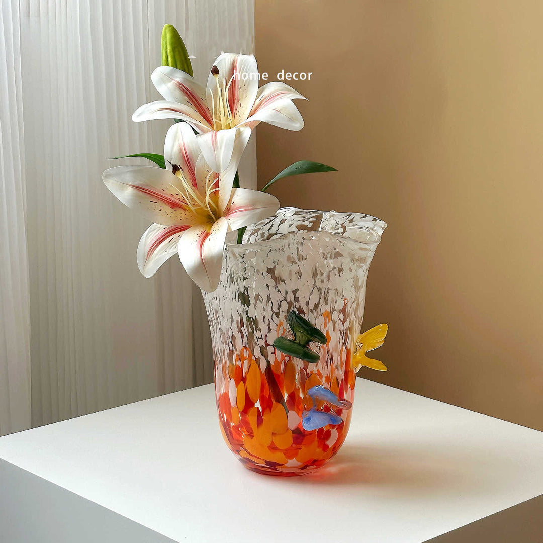 Hand-Blown Decorative Speckled Ruffled-Rim Art Glass Vase with Applied Flower Accents