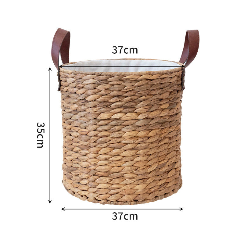 Braided storage basket with leather handles