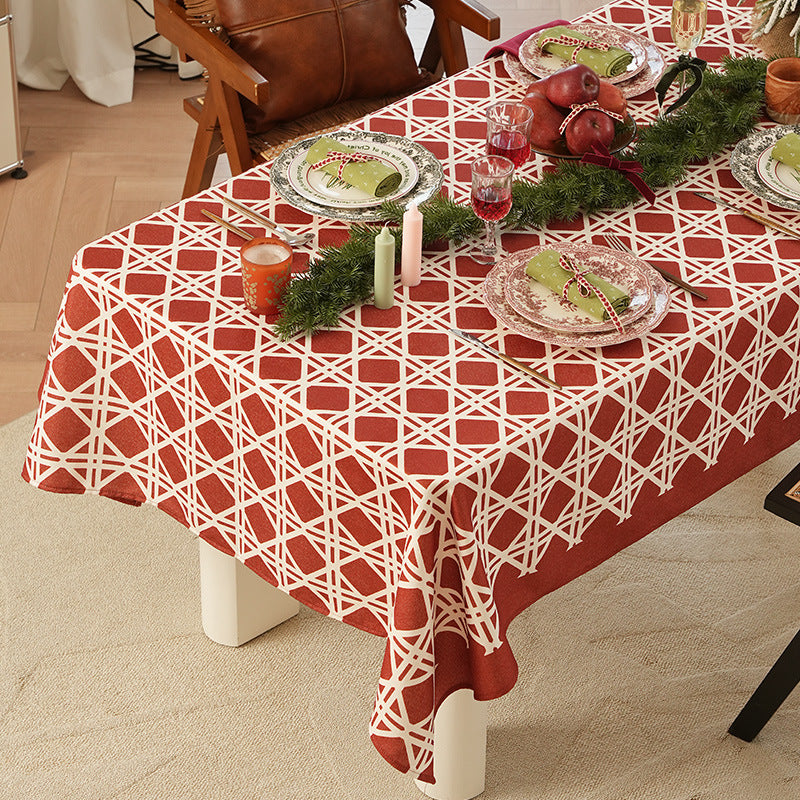 Rectangular festive tablecloth made of cotton blend fabric with geometric grid relief and stain-resistant surface