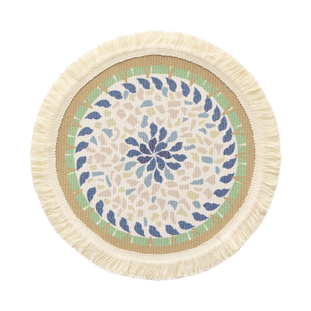 Round handmade woven decorative rug with fringes and botanical pattern