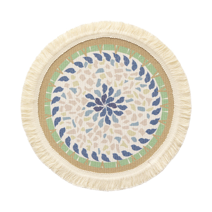 Round handmade woven decorative rug with fringes and botanical pattern