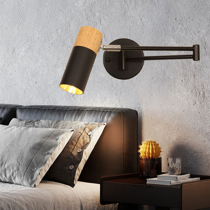 Adjustable swivel arm wall spotlight with wood accent