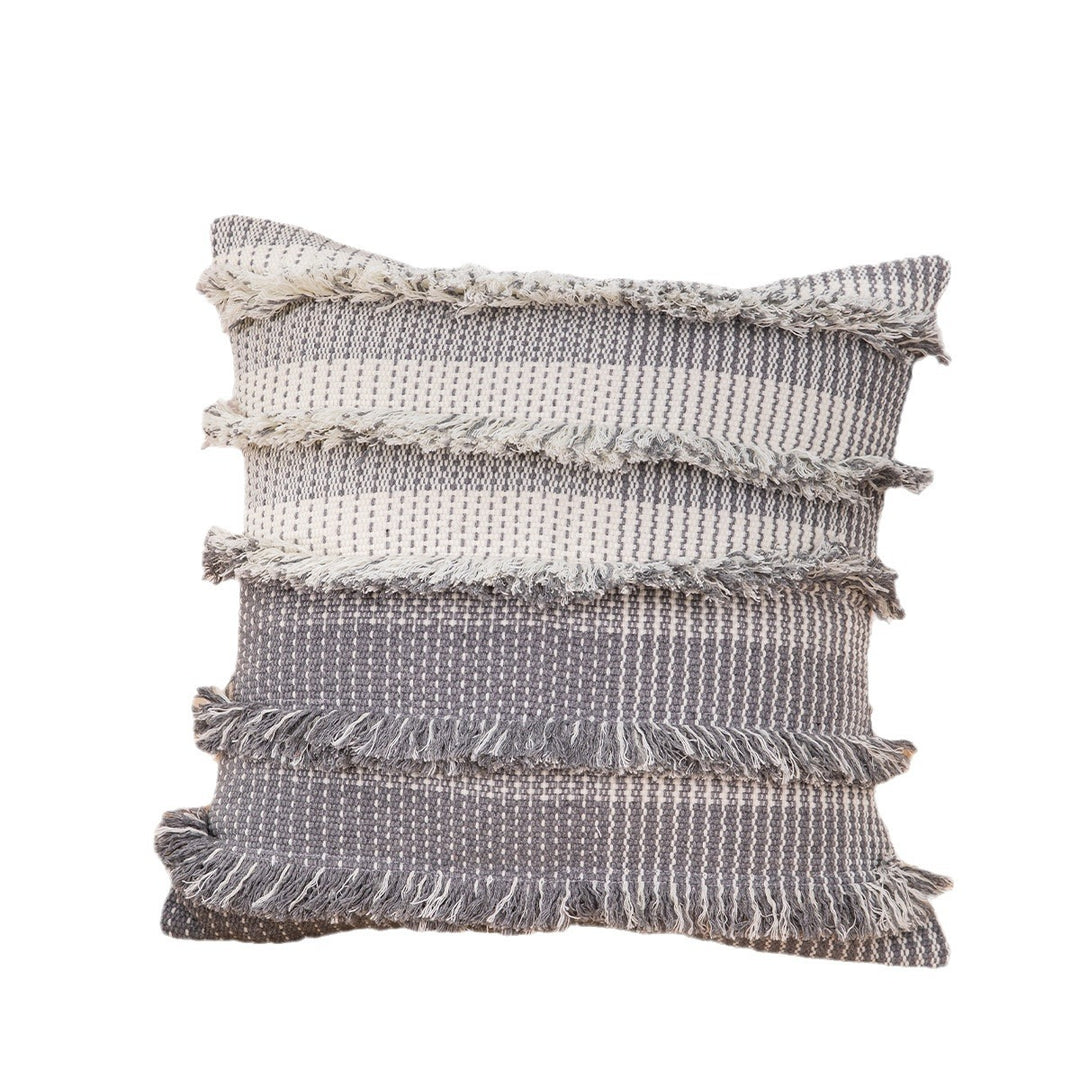 Square cushion cover with striped tufted look and fringe borders