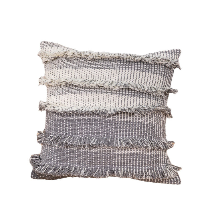 Square cushion cover with striped tufted look and fringe borders