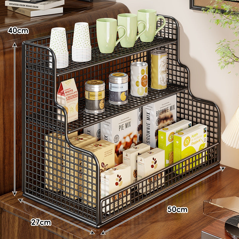 Multi-Tier Mesh Metal and Bamboo Countertop Pantry Organizer Shelf