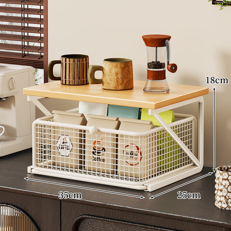 Countertop Coffee Station Organizer with Wooden Top and Metal Wire Basket