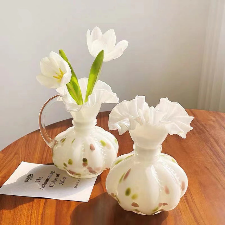 Artisanal Bulbous Milk-Glass Bud Vase with Frilled Neck & Speckled Inclusions