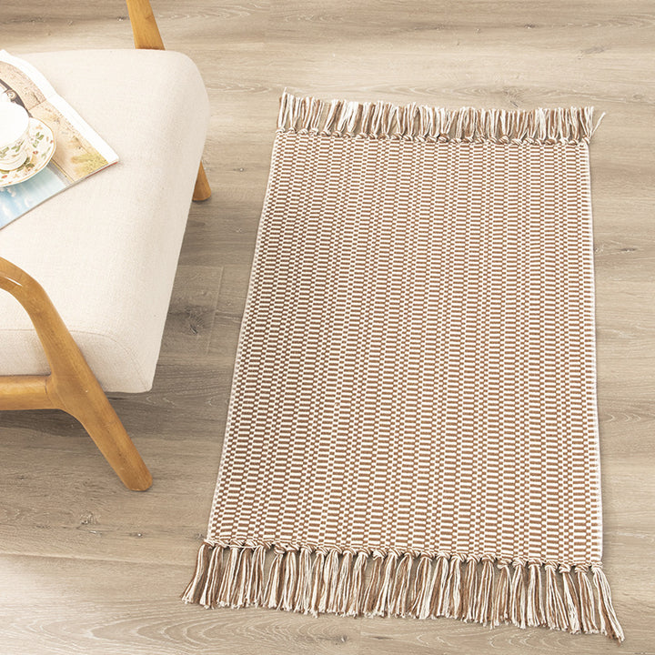 Flat-woven cotton rug runner with geometric check pattern and easy-care surface