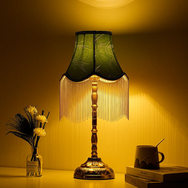 Silk fringed Empire-style table lamp with bead tassel shade