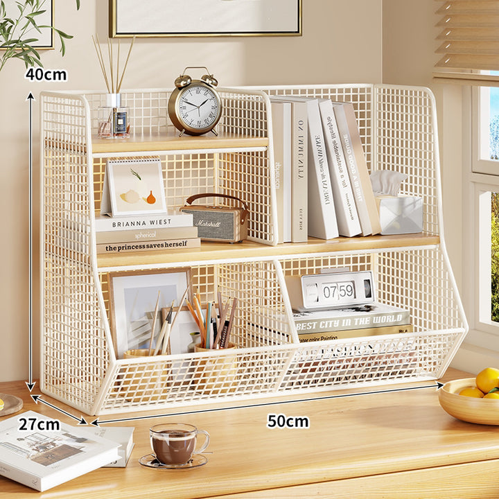 Multi-Tier Metal Mesh Desktop Organizer Shelf with Angled Front Basket