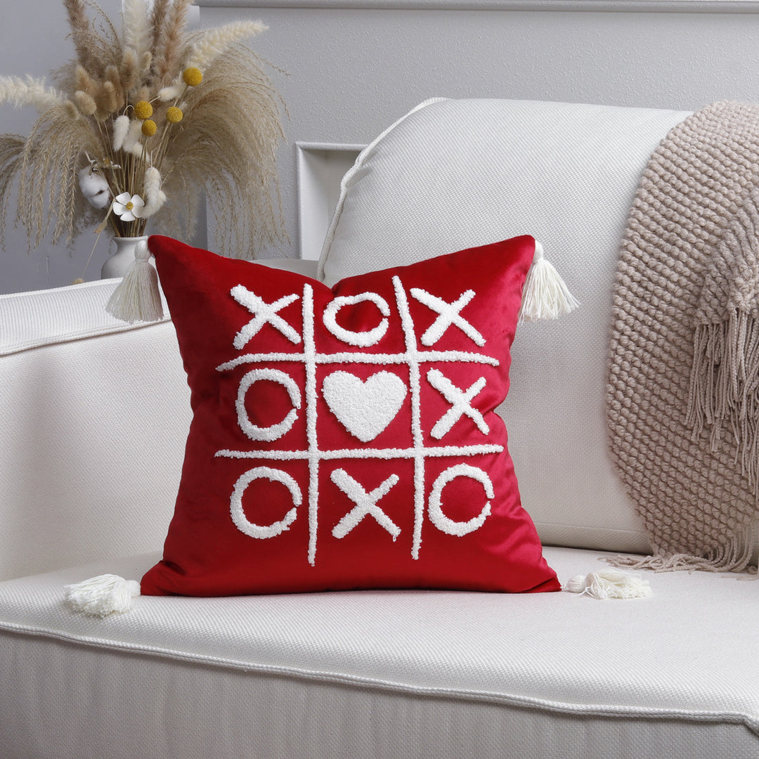 Plush Heart Appliqué Tassel Corner Decorative Throw Pillow Cover