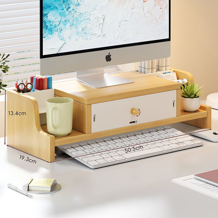 Wooden Monitor Riser with Lockable Drawer and Pen Organizer