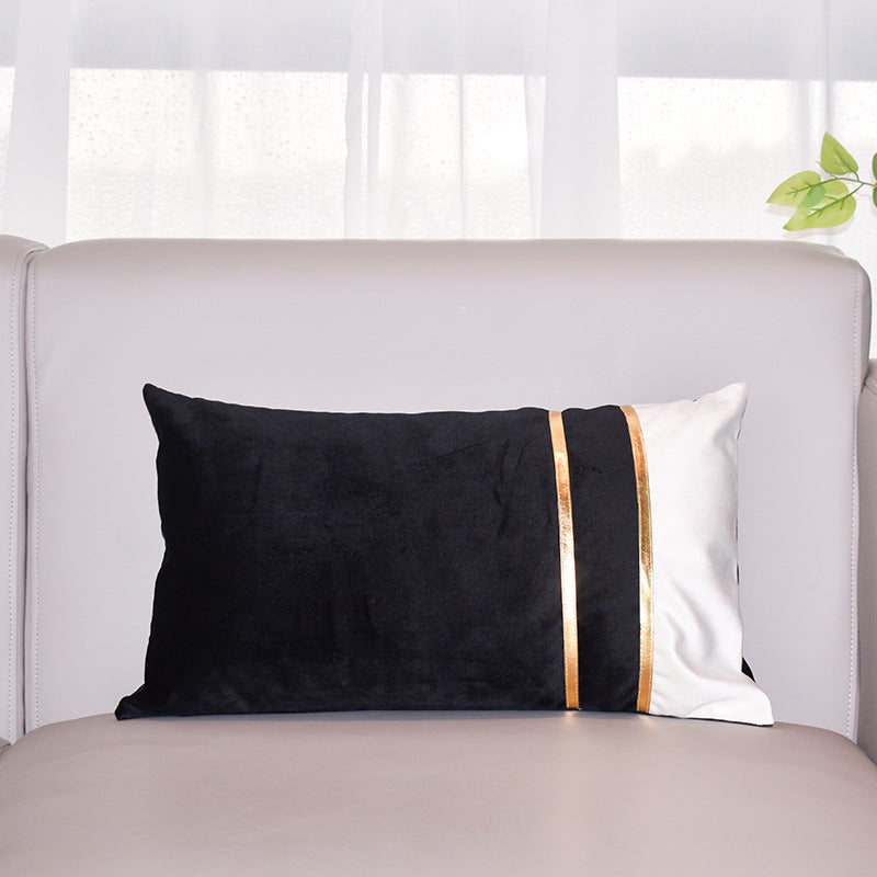Rectangular Velvet-Blend Lumbar Cushion Cover with Dual Metallic Gold Bands