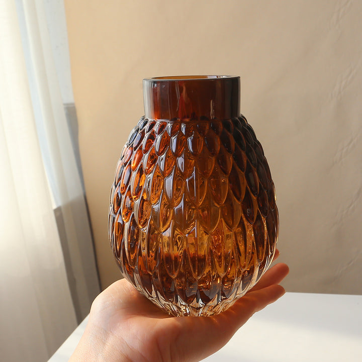 Hand-Blown Textured Glass Tabletop Vase with Scalloped Oval Motif