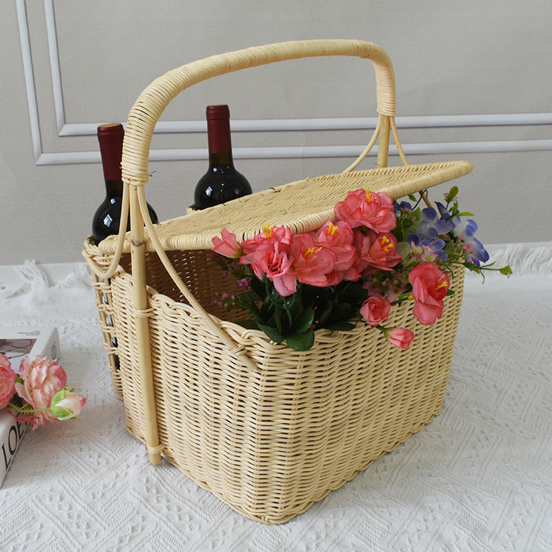 Handcrafted Woven Picnic Basket with Side Drink Holders