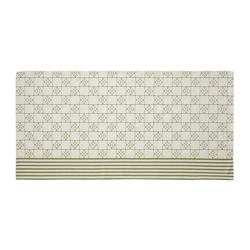 Woven rectangular table runner made of cotton blend with checkered pattern and striped border