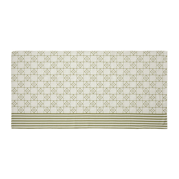 Woven rectangular table runner made of cotton blend with checkered pattern and striped border