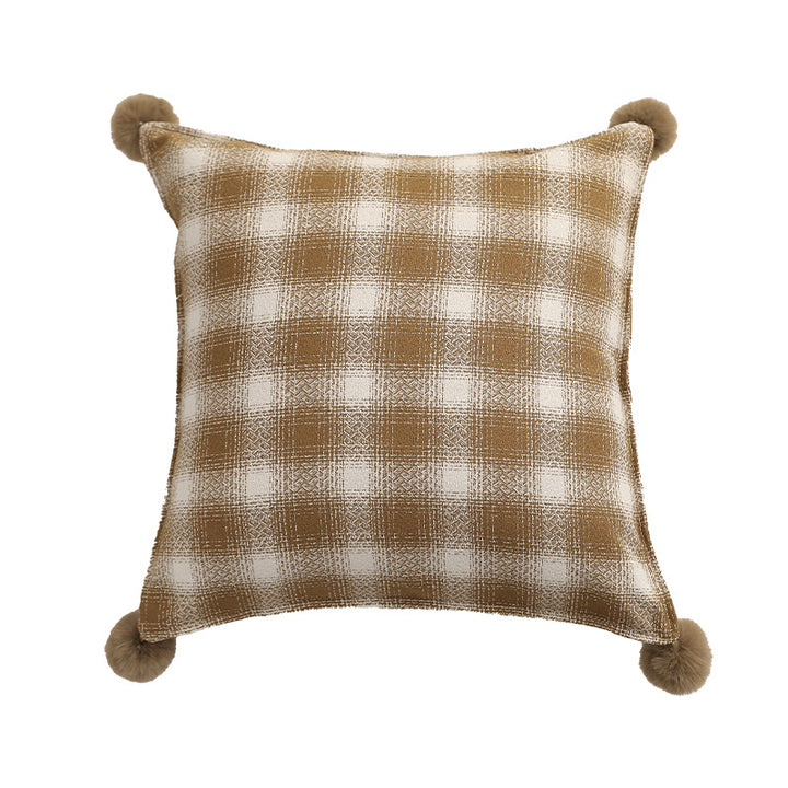 Square living decorative pillow with woven check structure and pom-pom corners
