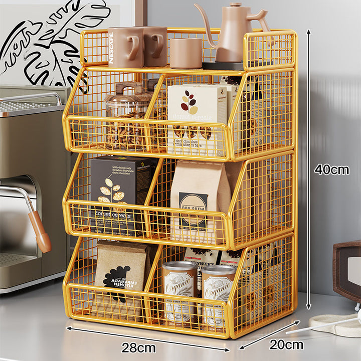 Stackable Two-Tier Wire Mesh Countertop Pantry Organizer with Tilt-Front Bins