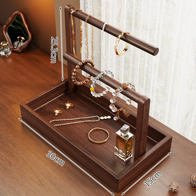 Wooden Tiered Jewelry Display Stand with Triple Rods and Catchall Tray