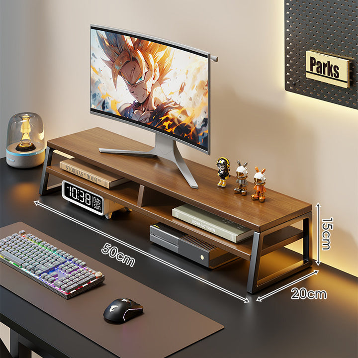 Curved Wood-Top Monitor Riser with Metal Frame and Under-Shelf Organizer