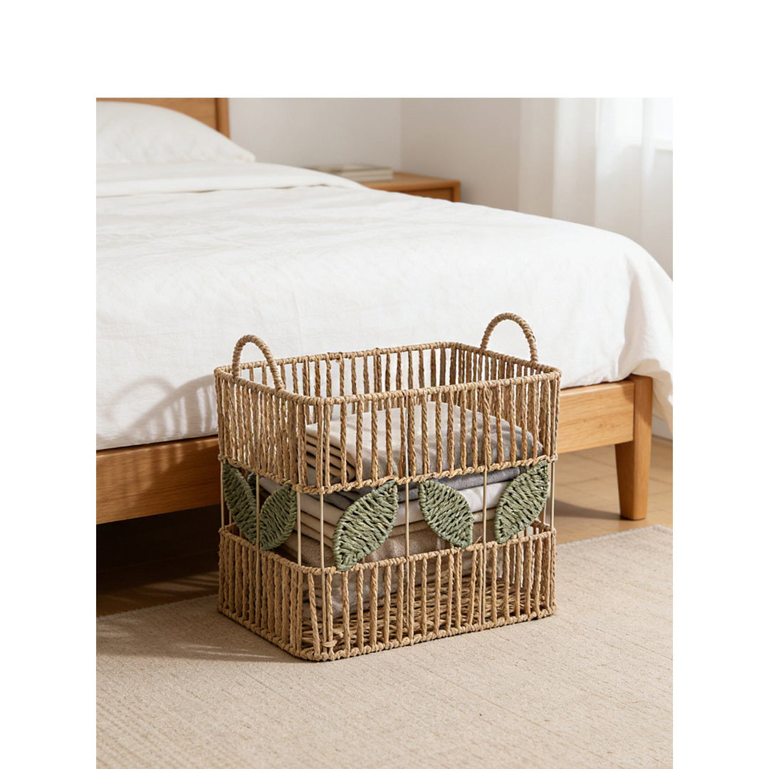 Handcrafted storage basket with leaf motif
