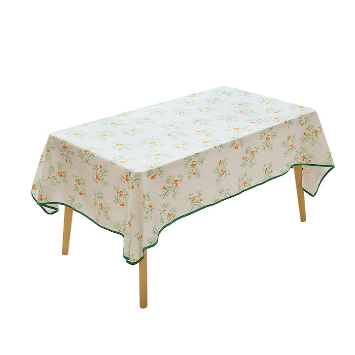 Rectangular washable cotton-polyester tablecloth with contrasted decorative edge and botanical print