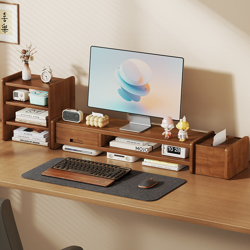 Solid Wood Monitor Riser and Desk Organizer with Dual-Level Shelf and Cable Management