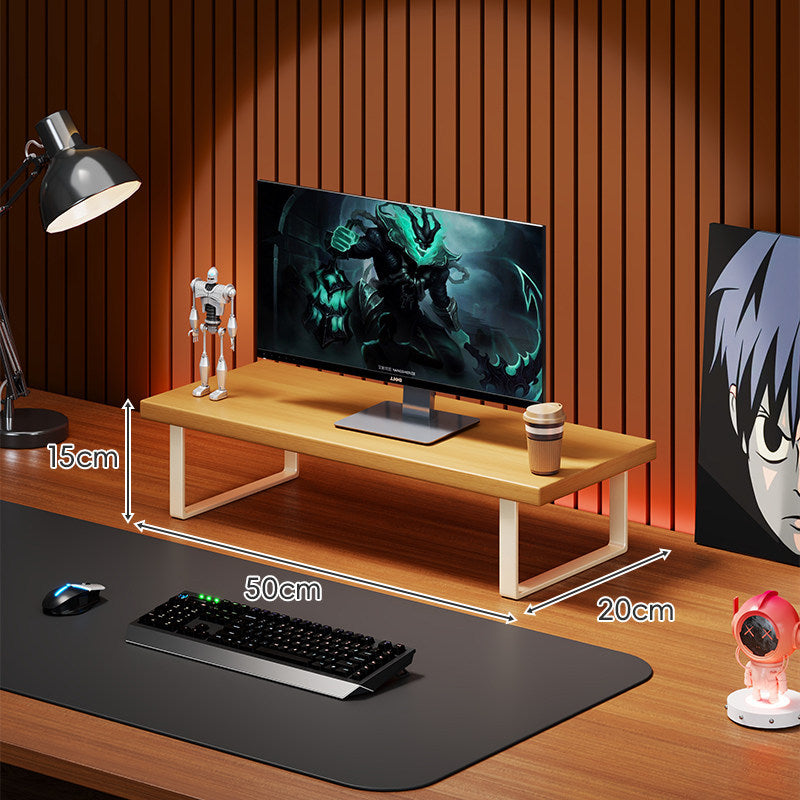 Elevated Wooden Monitor Riser Stand with Metal Bracket Legs and Cable-Friendly Desktop Shelf